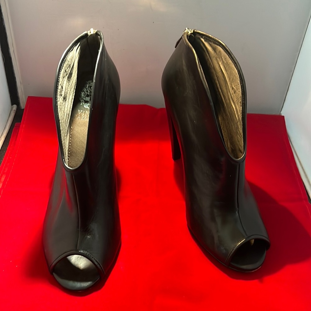 Vince Camuto black leather open toe booties.
